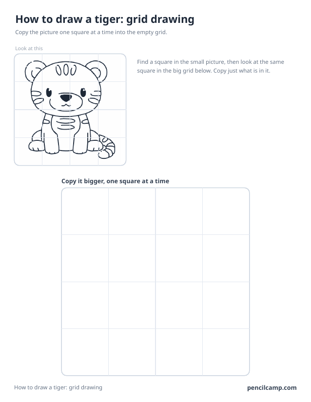 Grid drawing worksheet: a tiger cub under a 4 by 4 grid, touching 16 of the 16 squares, above a larger empty grid