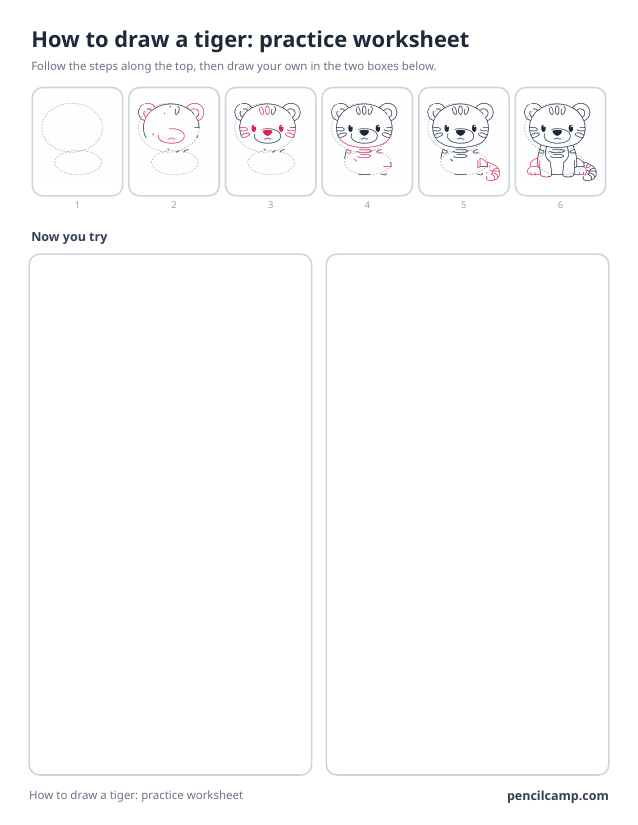 How to draw worksheet for a tiger cub: six of its nine stages along the top, then two empty boxes to draw it in