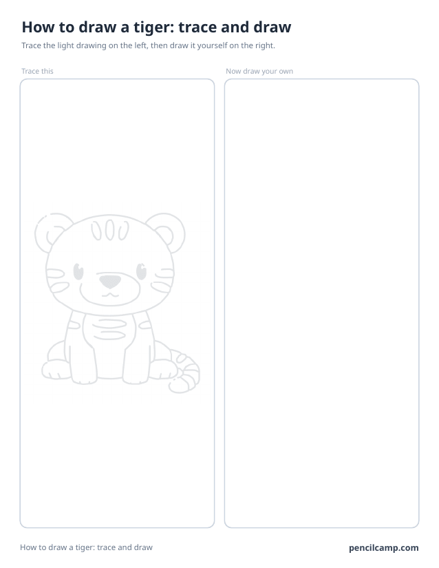 Trace and draw sheet: a tiger cub printed in faint grey on the left, an empty box of the same size on the right