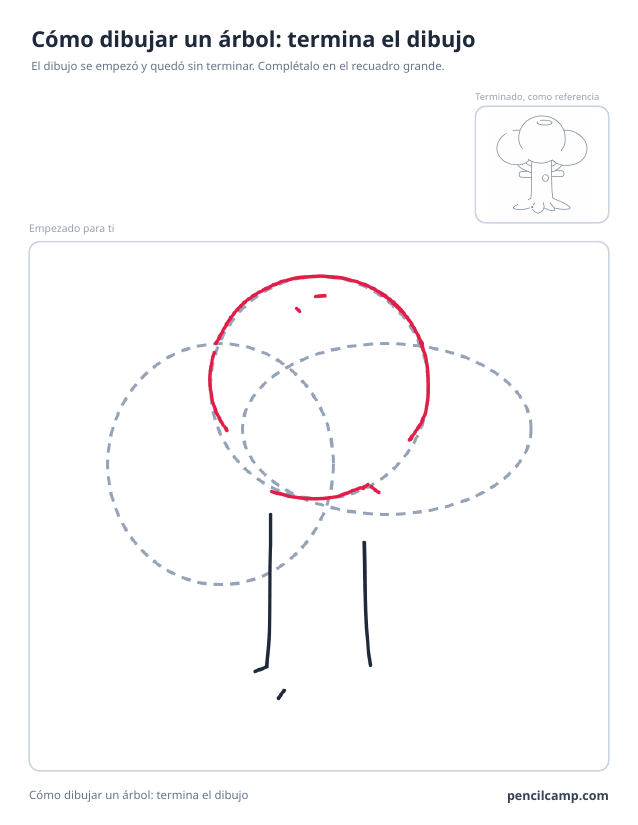 Ficha para terminar el dibujo: el dibujo de un árbol parado en la fase 3 de 9 en un recuadro grande, con la versión terminada en pequeño arriba a la derecha