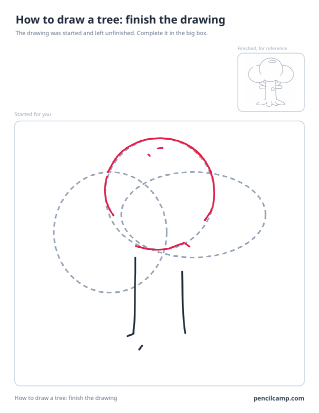 Finish the drawing worksheet: a tree stopped at stage 3 of 9 in a large box, the finished version small in the top right corner
