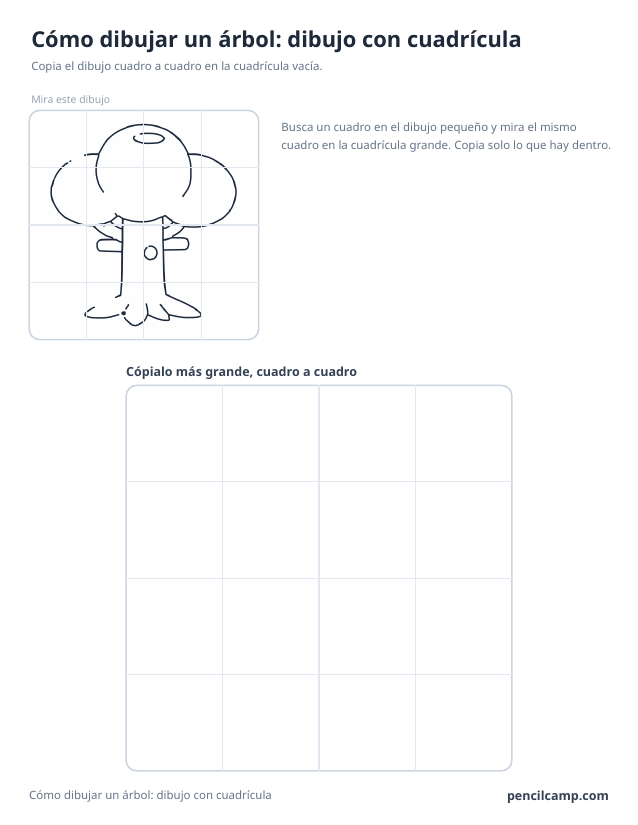 Ficha de cuadrícula: el dibujo de un árbol bajo una cuadrícula de 4 por 4, en 12 de los 16 cuadros, y debajo una cuadrícula grande vacía