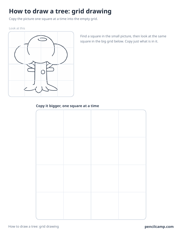Grid drawing worksheet: a tree under a 4 by 4 grid, touching 12 of the 16 squares, above a larger empty grid