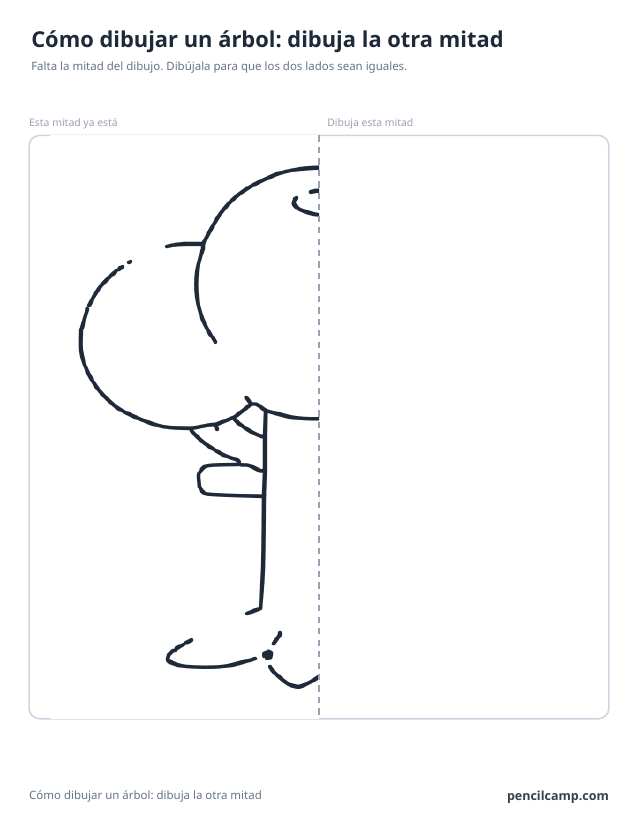 Ficha de simetría: la mitad izquierda del dibujo de un árbol junto a una línea de espejo discontinua y la mitad derecha en blanco