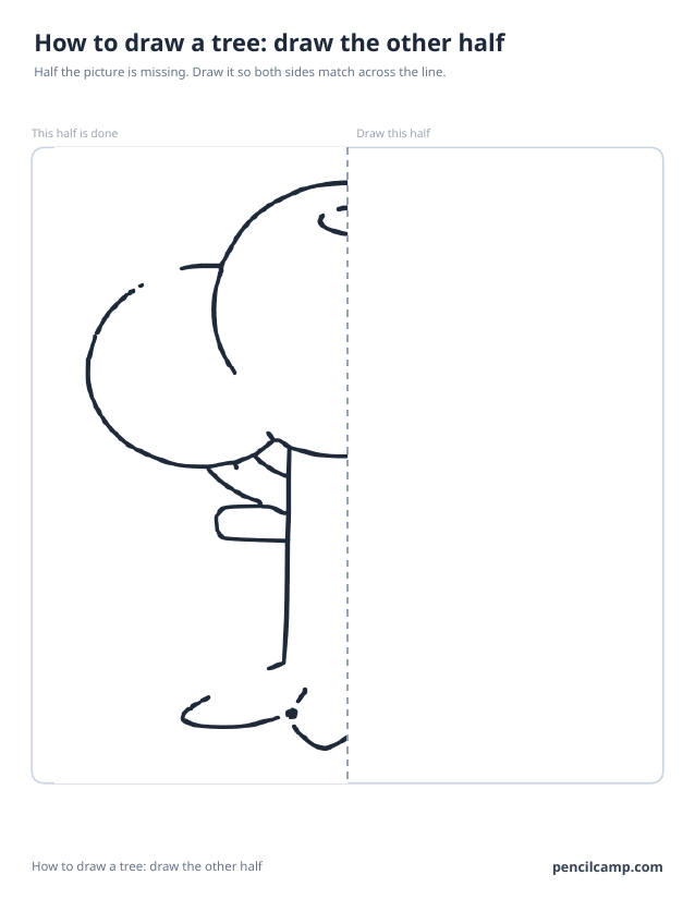 Symmetry worksheet: the left half of a tree beside a dashed mirror line, the right half left blank
