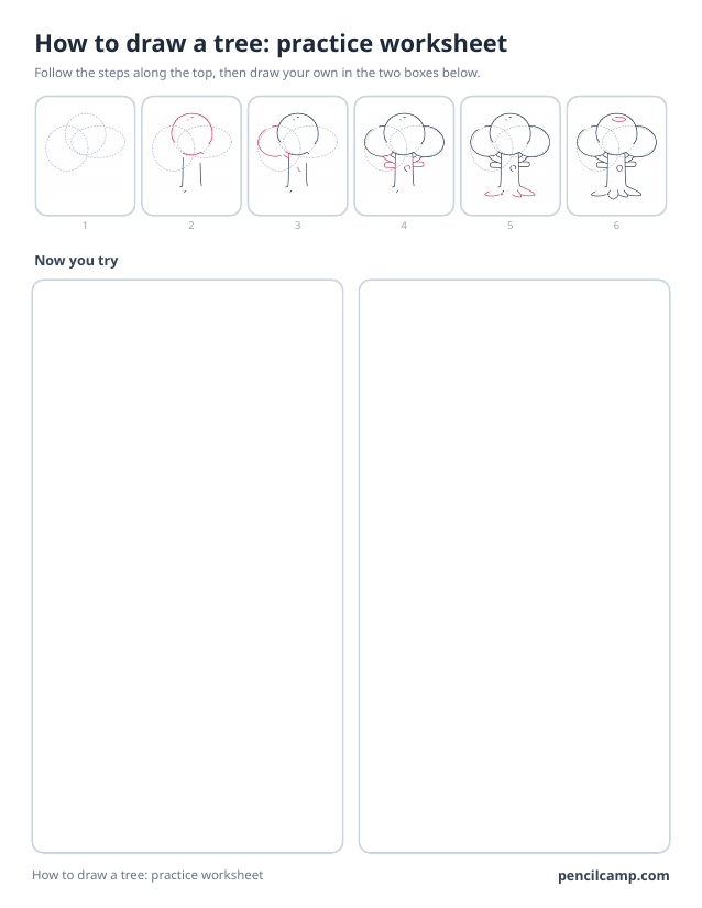 How to draw worksheet for a tree: six of its nine stages along the top, then two empty boxes to draw it in
