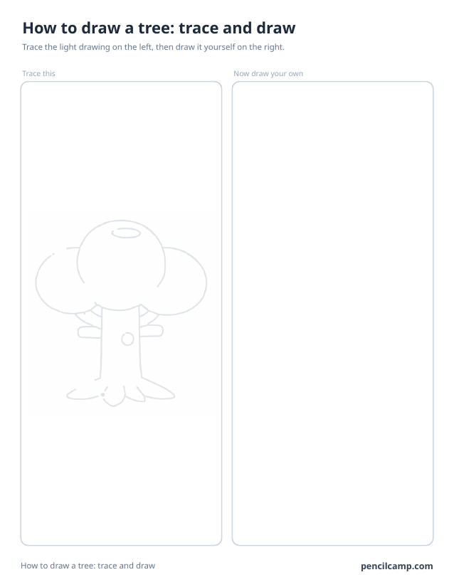 Trace and draw sheet: a tree printed in faint grey on the left, an empty box of the same size on the right