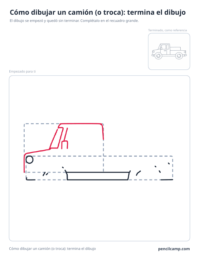 Ficha para terminar el dibujo: el dibujo de una camioneta parado en la fase 3 de 9 en un recuadro grande, con la versión terminada en pequeño arriba a la derecha