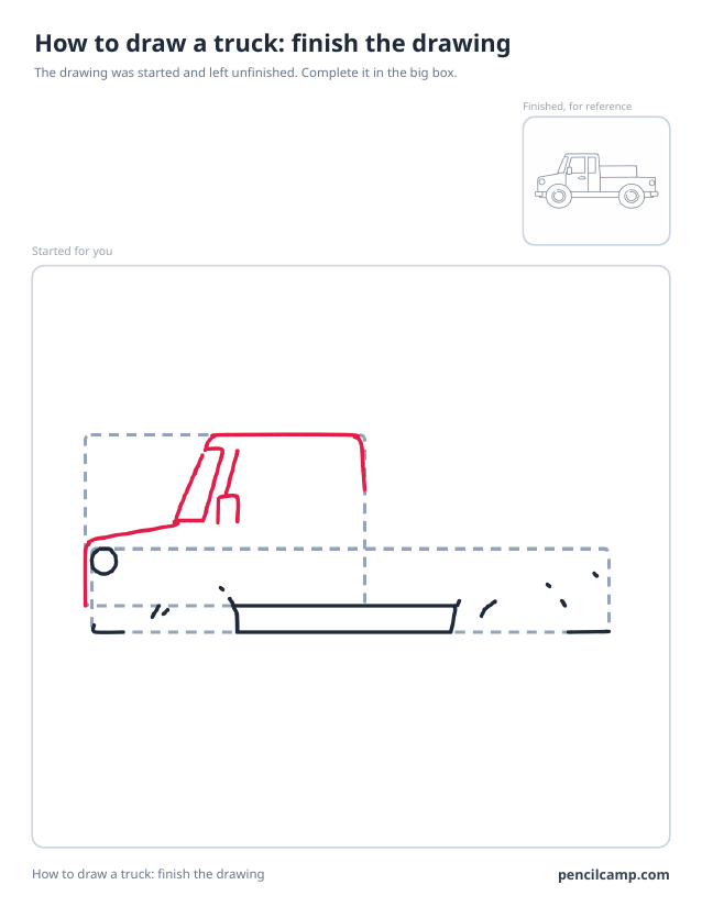 Finish the drawing worksheet: a pickup truck stopped at stage 3 of 9 in a large box, the finished version small in the top right corner