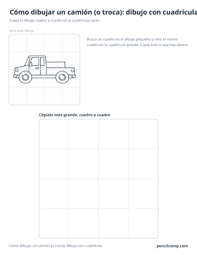 Ficha de cuadrícula: el dibujo de una camioneta bajo una cuadrícula de 4 por 4, en 8 de los 16 cuadros, y debajo una cuadrícula grande vacía