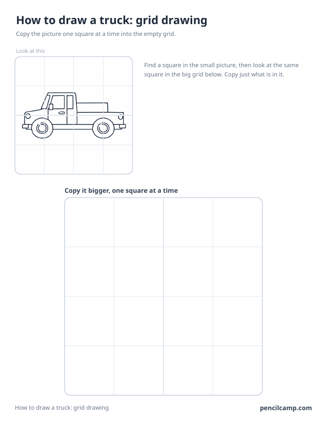 Grid drawing worksheet: a pickup truck under a 4 by 4 grid, touching 8 of the 16 squares, above a larger empty grid