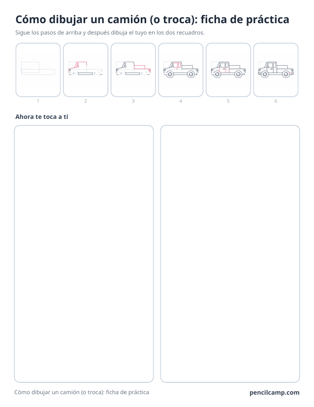 Ficha de pasos de una camioneta: seis de sus nueve fases en la parte de arriba y dos recuadros vacíos para practicar