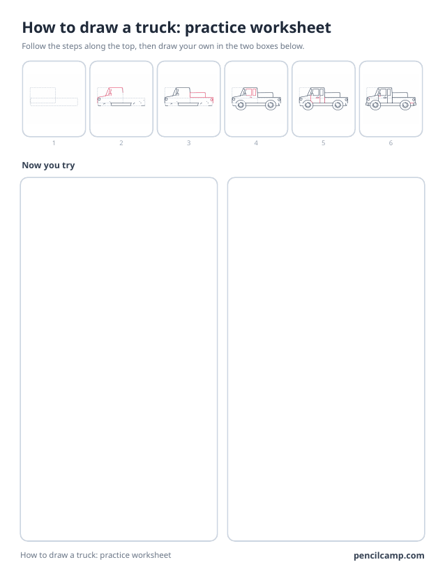 How to draw worksheet for a pickup truck: six of its nine stages along the top, then two empty boxes to draw it in