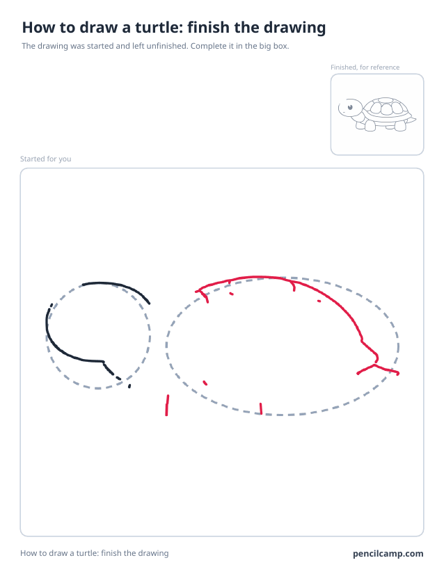 Finish the drawing worksheet: a turtle stopped at stage 3 of 8 in a large box, the finished version small in the top right corner