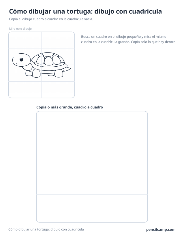 Ficha de cuadrícula: el dibujo de una tortuga bajo una cuadrícula de 4 por 4, en 8 de los 16 cuadros, y debajo una cuadrícula grande vacía