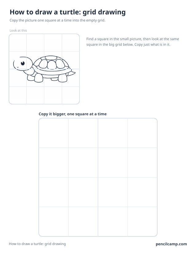 Grid drawing worksheet: a turtle under a 4 by 4 grid, touching 8 of the 16 squares, above a larger empty grid