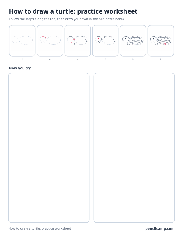How to draw worksheet for a turtle: six of its eight stages along the top, then two empty boxes to draw it in