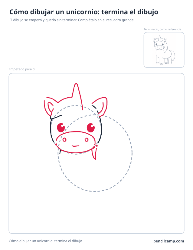 Ficha para terminar el dibujo: el dibujo de un unicornio parado en la fase 3 de 8 en un recuadro grande, con la versión terminada en pequeño arriba a la derecha