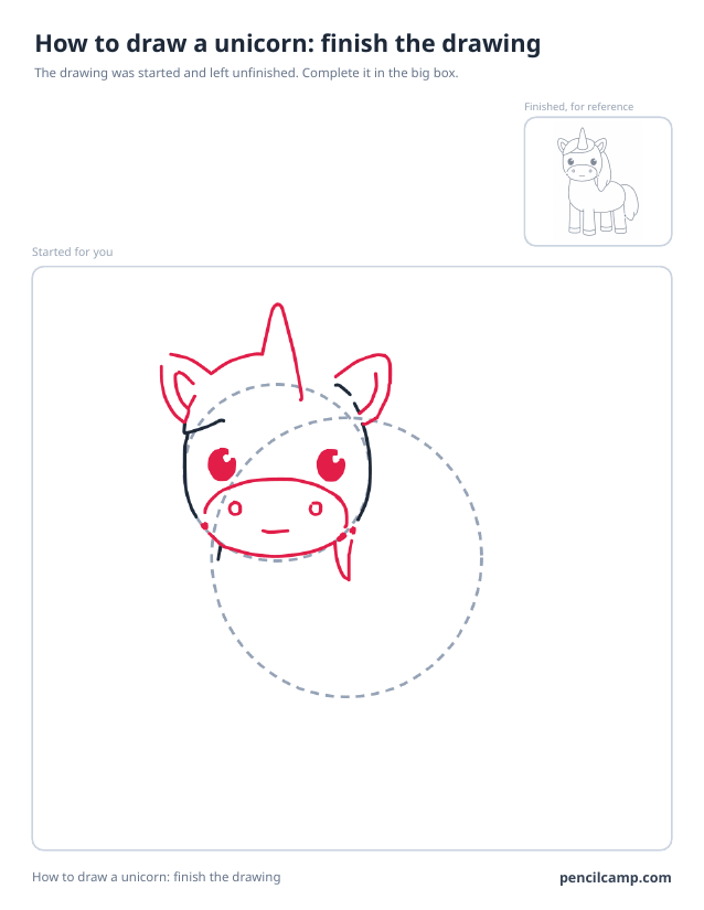 Finish the drawing worksheet: a unicorn stopped at stage 3 of 8 in a large box, the finished version small in the top right corner