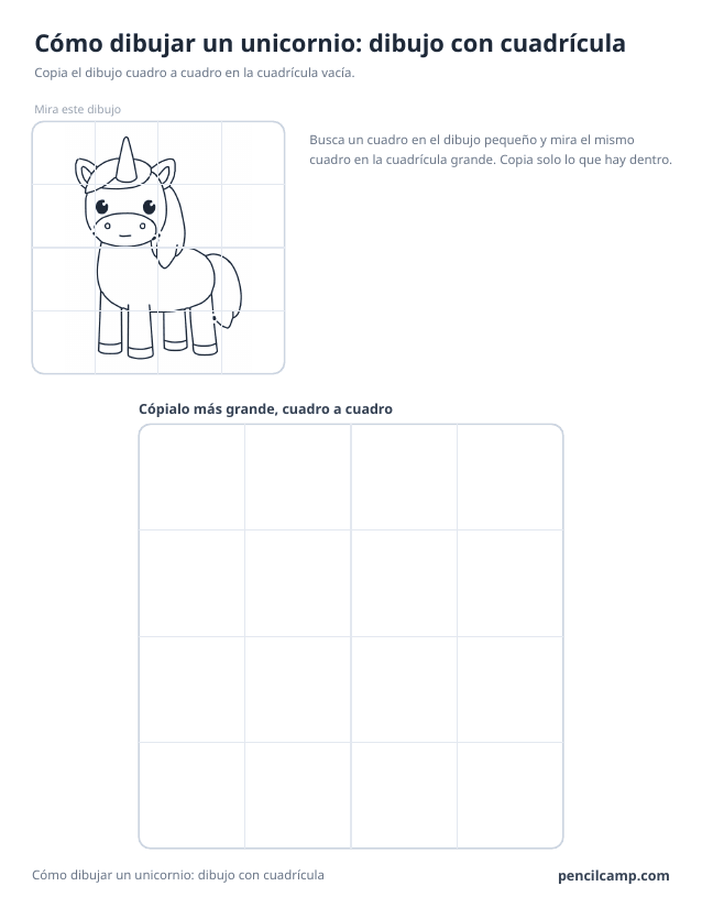 Ficha de cuadrícula: el dibujo de un unicornio bajo una cuadrícula de 4 por 4, en 12 de los 16 cuadros, y debajo una cuadrícula grande vacía