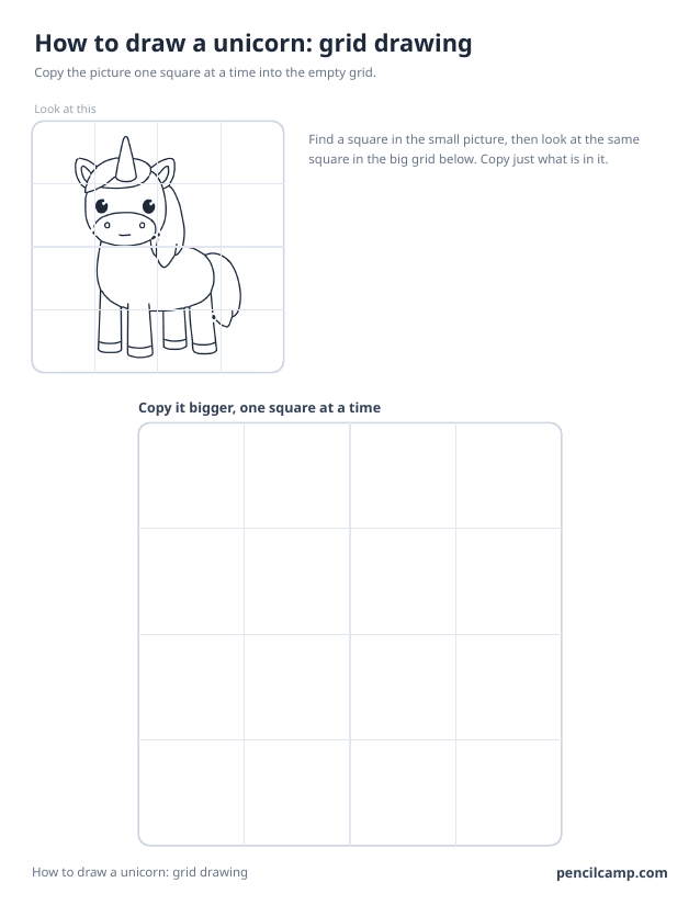 Grid drawing worksheet: a unicorn under a 4 by 4 grid, touching 12 of the 16 squares, above a larger empty grid