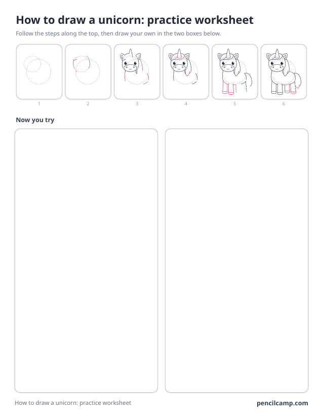 How to draw worksheet for a unicorn: six of its eight stages along the top, then two empty boxes to draw it in