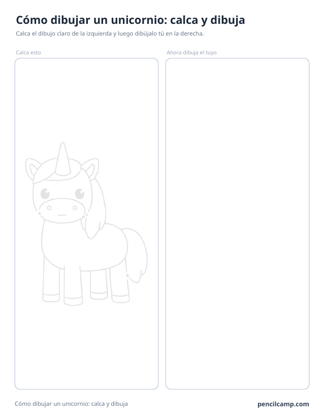 Hoja de calcar y dibujar: el dibujo de un unicornio en gris muy claro a la izquierda y un recuadro vacío del mismo tamaño a la derecha
