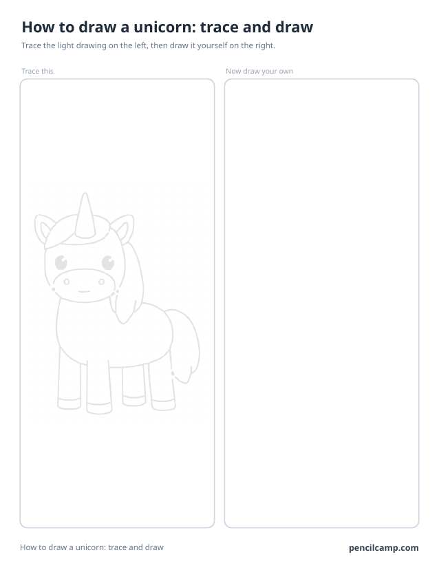 Trace and draw sheet: a unicorn printed in faint grey on the left, an empty box of the same size on the right