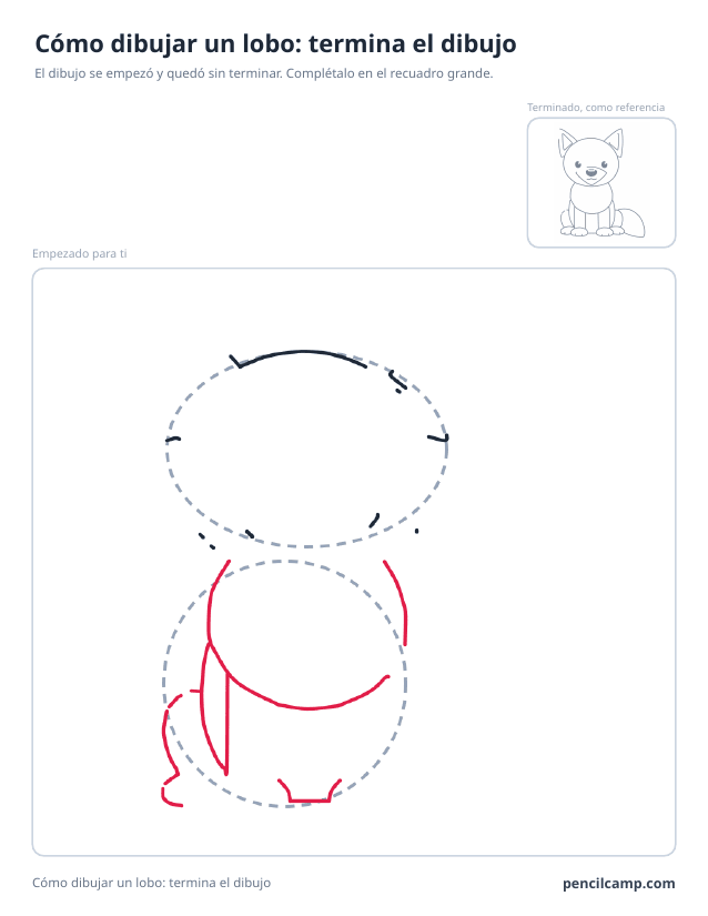 Ficha para terminar el dibujo: el dibujo de un lobo sentado parado en la fase 3 de 8 en un recuadro grande, con la versión terminada en pequeño arriba a la derecha