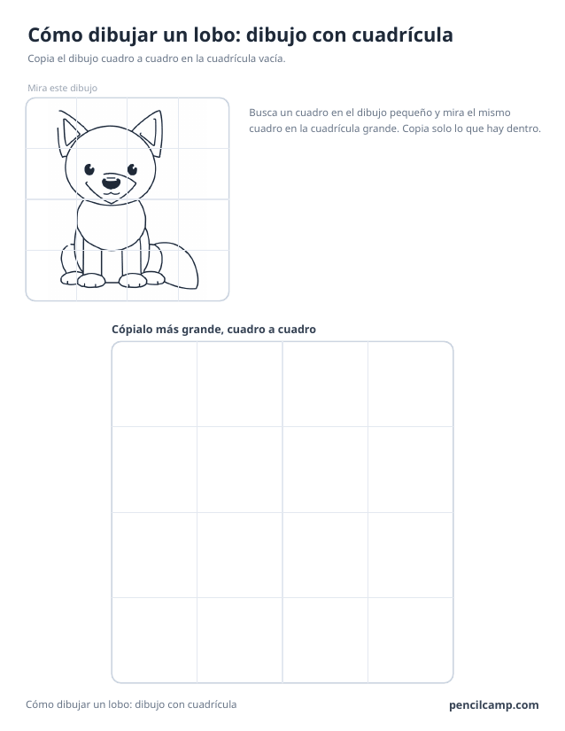 Ficha de cuadrícula: el dibujo de un lobo sentado bajo una cuadrícula de 4 por 4, en 13 de los 16 cuadros, y debajo una cuadrícula grande vacía