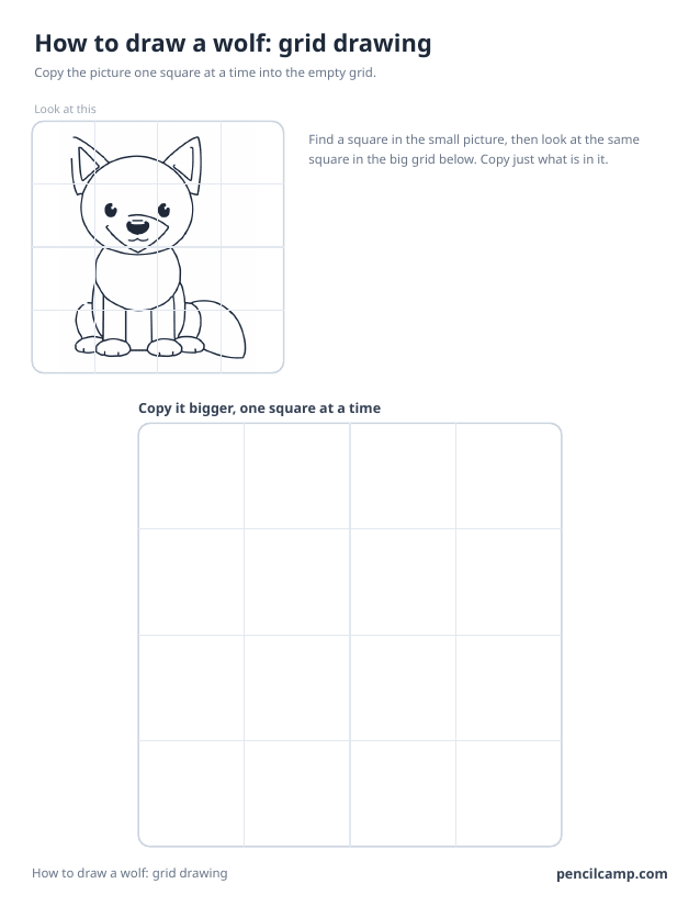 Grid drawing worksheet: a sitting wolf under a 4 by 4 grid, touching 13 of the 16 squares, above a larger empty grid