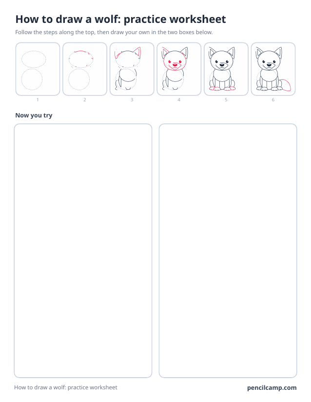How to draw worksheet for a sitting wolf: six of its eight stages along the top, then two empty boxes to draw it in