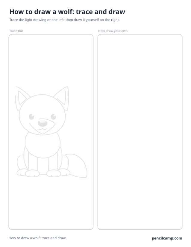 Trace and draw sheet: a sitting wolf printed in faint grey on the left, an empty box of the same size on the right