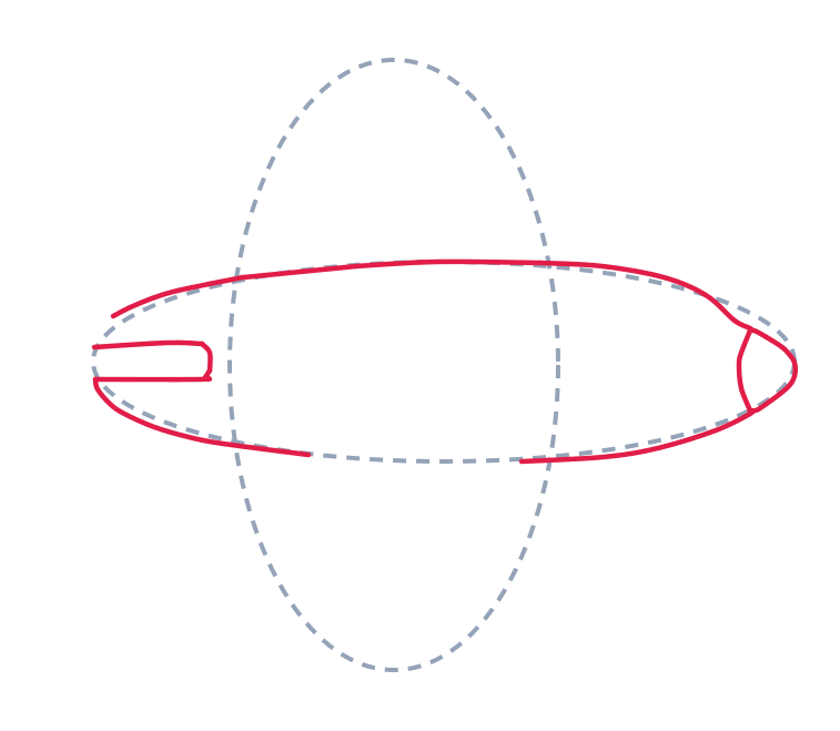 Dibujando un avión, paso 2: Dibuja el cuerpo sobre el óvalo ancho: una línea larga y curva arriba, otra abajo, y júntalas en punta a la derecha. Esa punta es la nariz del avión. Atrás, a la izquierda, añade un tubito plano que sobresale por detrás de
