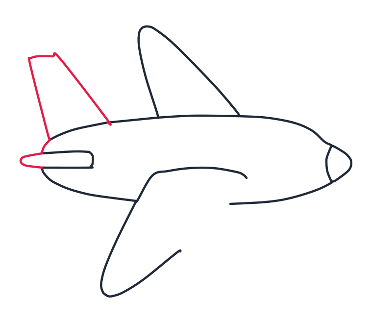 Dibujando un avión, paso 5: Añade la pequeña ala de la cola detrás del cuerpo: una forma estrecha de cuatro lados inclinada hacia arriba y a la izquierda, justo encima del tubito. Después redondea la punta izquierda de ese tubito con una curva corta,