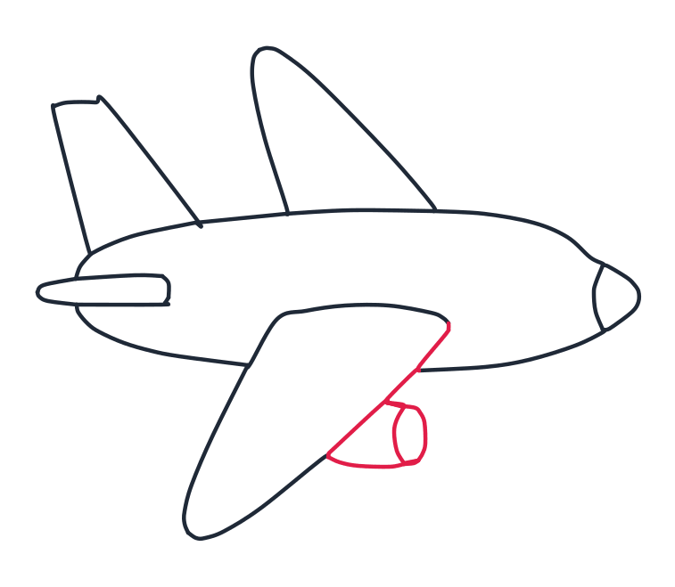 Dibujando un avión, paso 6: Cuelga el motor debajo del ala. Baja una línea inclinada desde el extremo derecho del ala y dibuja debajo una forma redondeada como una cápsula, cerrada por abajo. Termina con una curva corta dentro de su lado derecho: es 
