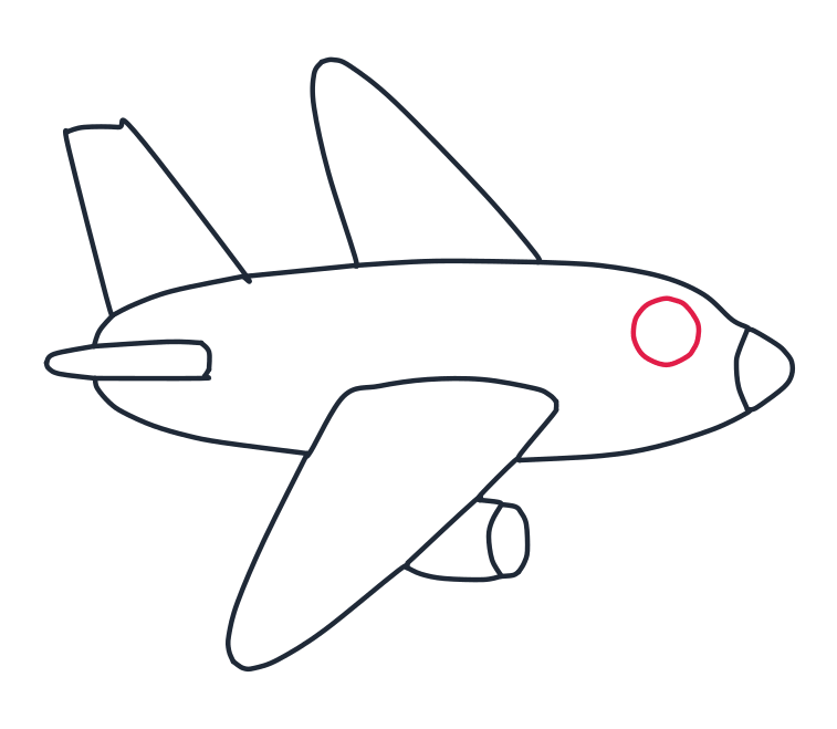 Dibujando un avión, paso 7: Dibuja un círculo grande cerca del frente del avión para la ventana de la cabina, donde van los pilotos. Deja un hueco entre el círculo y la nariz, y ponlo un poco por encima de la mitad del cuerpo para que no toque ningun