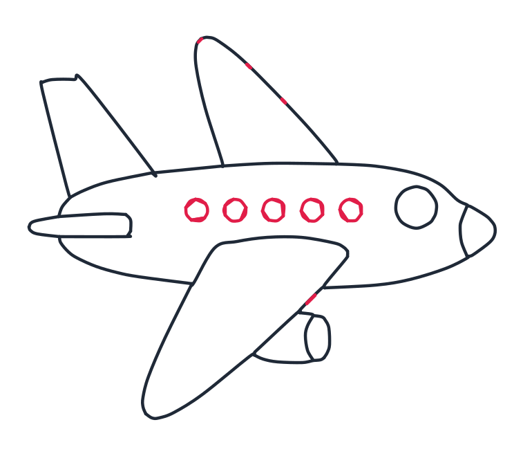 Dibujando un avión, paso 8: Dibuja cinco círculos pequeños en fila a lo largo del cuerpo para las ventanillas de los pasajeros, todos del mismo tamaño y bien repartidos, y que terminen antes de la ventana grande de la cabina. Repasa también las rayit