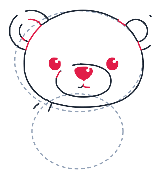 Dibujando un oso, paso 5: Añade dos círculos pequeños para los ojos, un triángulo pequeño para la nariz y una línea curva corta sobre el hocico.