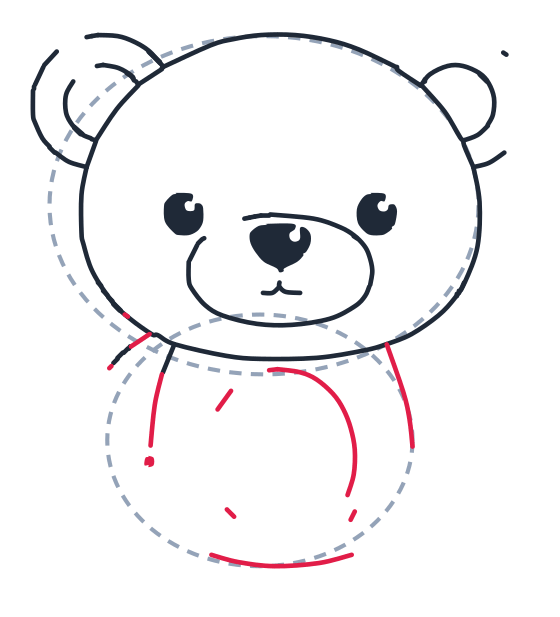 Dibujando un oso, paso 6: Dibuja una línea curva corta hacia abajo para el brazo izquierdo con un punto en la patita. Añade una línea larga y curva para el lado derecho, una gran curva del vientre y una pequeña curva abajo.