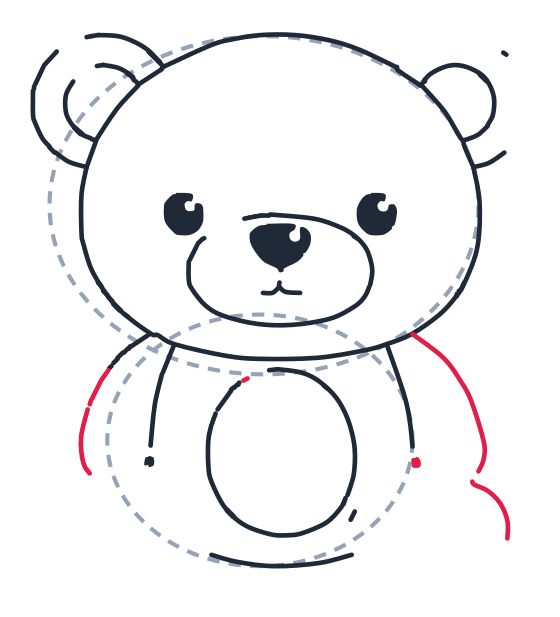 Dibujando un oso, paso 8: Añade una línea curva a cada lado para los brazos, con una pequeña curva en gancho al final del brazo derecho.