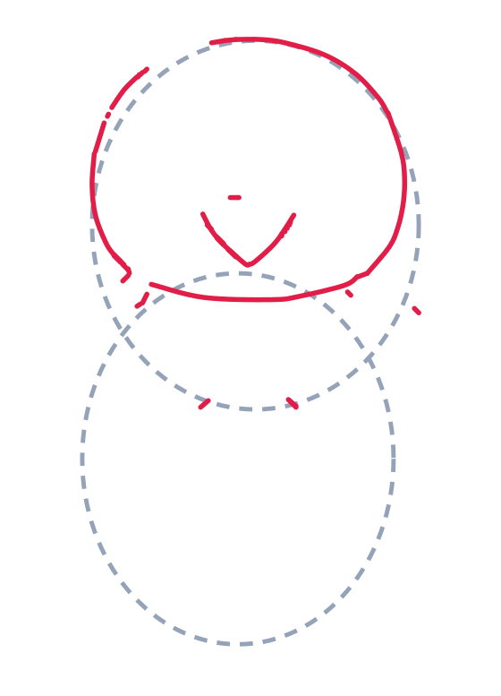 Drawing a bird, step 2: Trace a big oval for the head, add a small V shape for the beak tip, and a short dash above it.