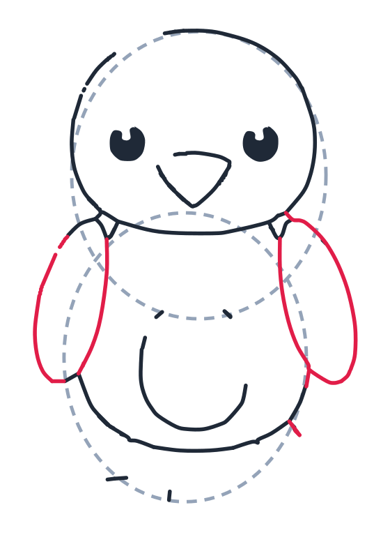 Drawing a bird, step 6: Draw two long ovals on the sides for the wings.