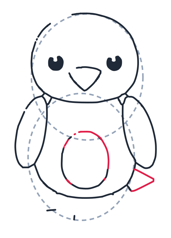 Drawing a bird, step 7: Add an oval on the tummy, then a small triangle on the right for the tail.