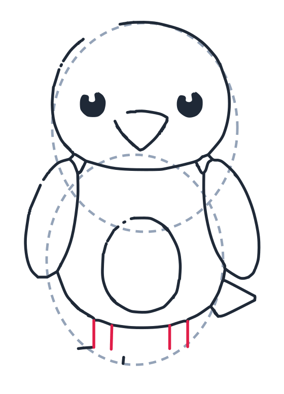 Drawing a bird, step 8: Draw three short vertical lines down to show the sides of the legs.