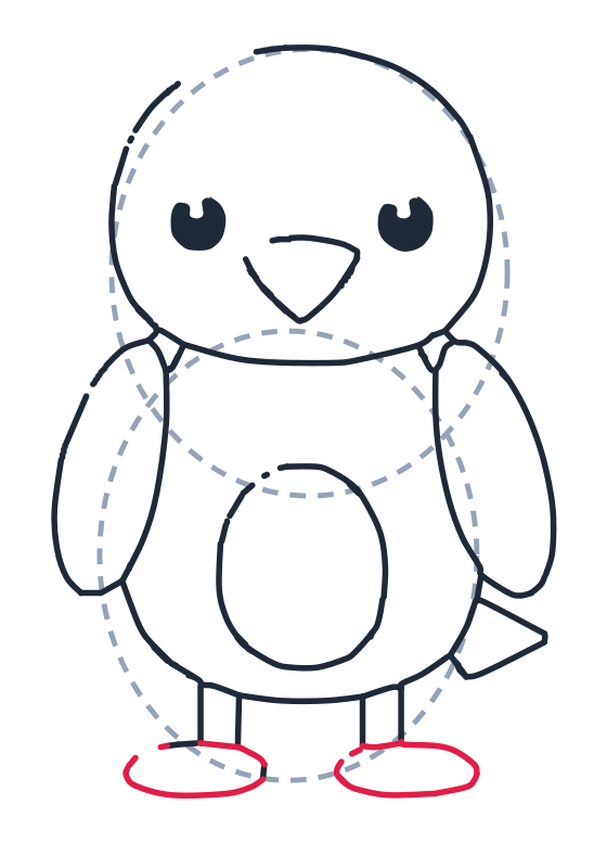 Drawing a bird, step 9: Add two flat ovals on the ground for the feet.