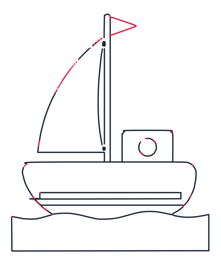 Dibujando un barco, paso 8: Dibuja un triángulo pequeño en la punta del mástil para la bandera. Agrega una línea curva punteada desde el mástil hacia la vela.