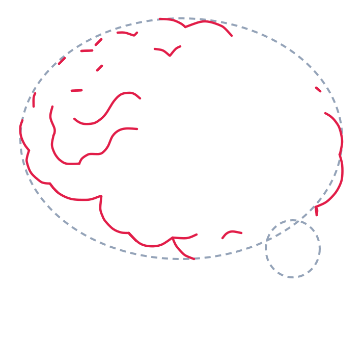Dibujando un cerebro, paso 2: Dibuja una línea larga y con bultos por el lado izquierdo, abajo y atrás del óvalo grande para el cerebro. Agrega unas líneas onduladas cortas dentro para los pliegues.
