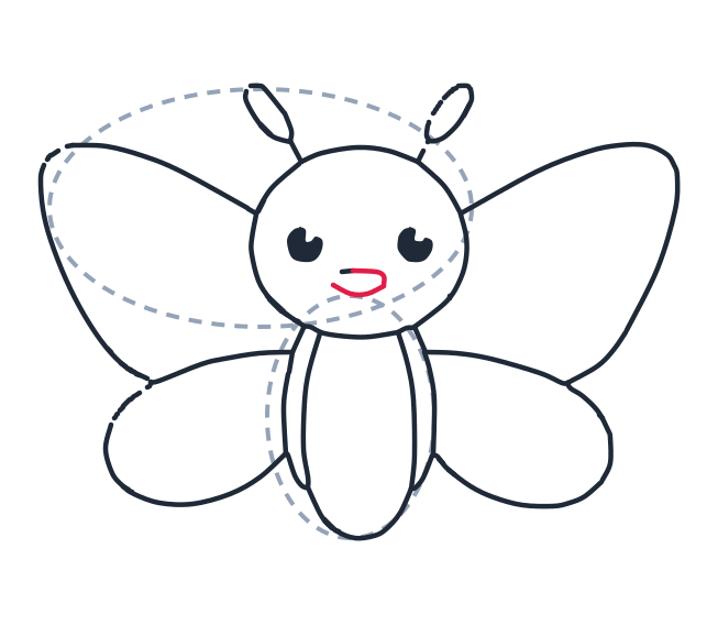 Drawing a butterfly, step 10: Draw a curved smile, then add a tiny dash right above it.