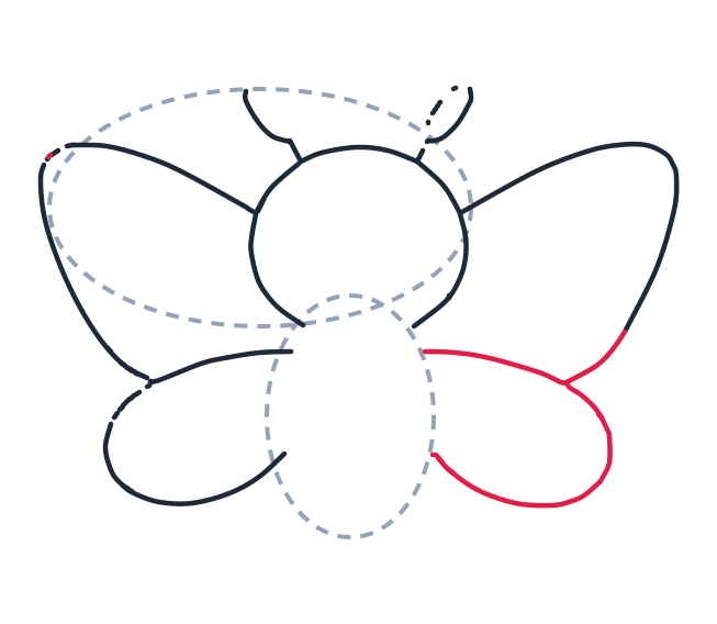 Drawing a butterfly, step 6: Make another rounded teardrop shape for the right bottom wing.